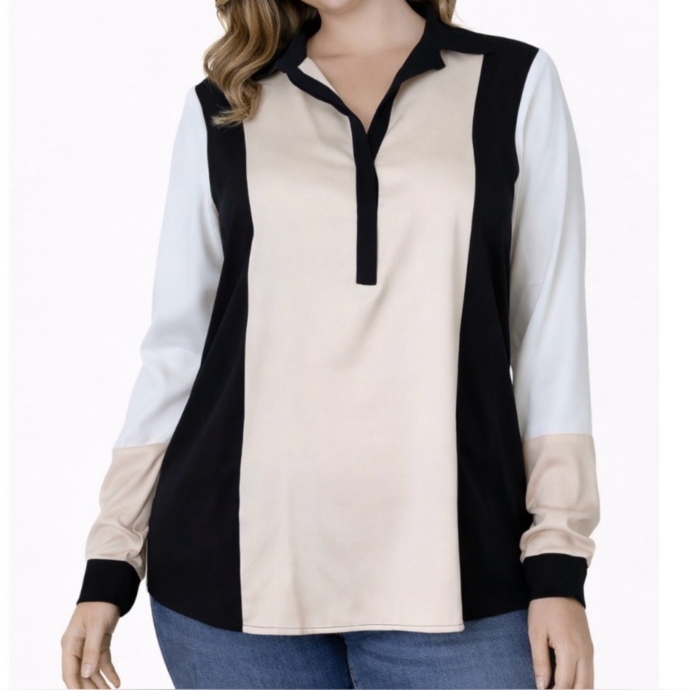 Ann Taylor color black lightweight blouse SZ XS color block button up too black